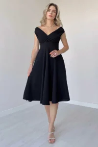 TRENDYOLMİLLA Black A-Kesim Weaving Midi Evening Gown Gece Graduation Dress