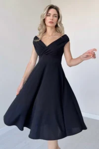 TRENDYOLMİLLA Black A-Kesim Weaving Midi Evening Gown Gece Graduation Dress - Image 2