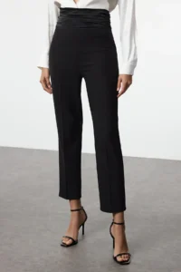 TRENDYOLMİLLA Black Satin Ribbon Detailed Weaving Pants - Image 3