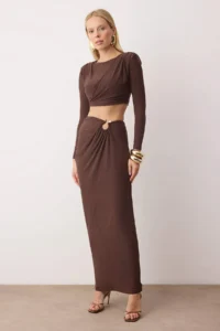 TRENDYOLMİLLA Brown Accessory Detailed Party Bottom - Top Set
