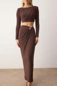 TRENDYOLMİLLA Brown Accessory Detailed Party Bottom - Top Set - Image 3