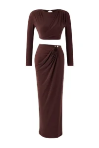 TRENDYOLMİLLA Brown Accessory Detailed Party Bottom - Top Set - Image 5