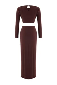 TRENDYOLMİLLA Brown Accessory Detailed Party Bottom - Top Set - Image 6