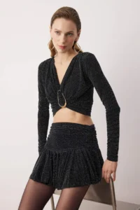 TRENDYOLMİLLA Black Simli Knitting with accessories Blouse Skirt Bottom Top Set