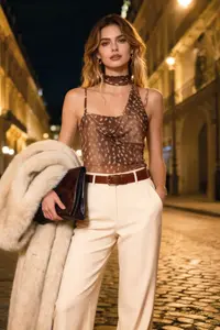 TRENDYOLMİLLA Brown-Multicolored animals Off-Shoulder Neck Sleeveless Knitting Tulle Party Bodysuit .D.00004