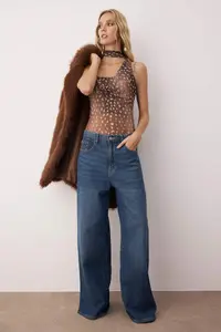 TRENDYOLMİLLA Brown-Multicolored animals Off-Shoulder Neck Sleeveless Knitting Tulle Party Bodysuit .D.00004 - Image 3
