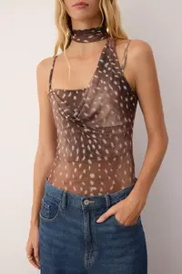 TRENDYOLMİLLA Brown-Multicolored animals Off-Shoulder Neck Sleeveless Knitting Tulle Party Bodysuit .D.00004 - Image 5