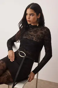 TRENDYOLMİLLA Black Lined flower patterned Dog collar Knitting Tulle Bodysuit .D.00010 - Image 2