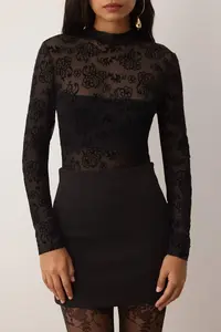 TRENDYOLMİLLA Black Lined flower patterned Dog collar Knitting Tulle Bodysuit .D.00010 - Image 4