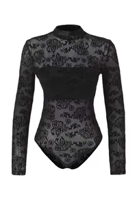 TRENDYOLMİLLA Black Lined flower patterned Dog collar Knitting Tulle Bodysuit .D.00010 - Image 6