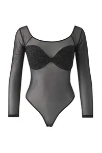 TRENDYOLMİLLA Black Stone Printed Carmen Collar Knitting Tulle Bodysuit .D.00019 - Image 2