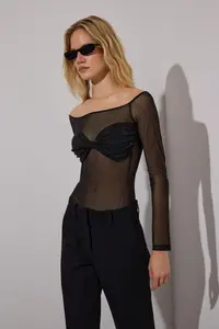 TRENDYOLMİLLA Black Stone Printed Carmen Collar Knitting Tulle Bodysuit .D.00019 - Image 3