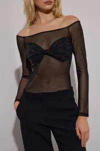 TRENDYOLMİLLA Black Stone Printed Carmen Collar Knitting Tulle Bodysuit .D.00019 - Image 5