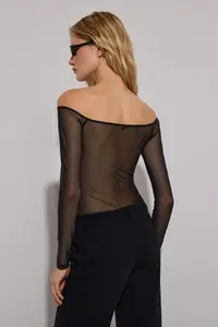TRENDYOLMİLLA Black Stone Printed Carmen Collar Knitting Tulle Bodysuit .D.00019 - Image 6