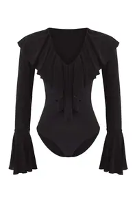 TRENDYOLMİLLA Black Plain V-neck LONG Knitting Sandy Bodysuit .D.00020