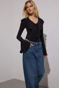 TRENDYOLMİLLA Black Plain V-neck LONG Knitting Sandy Bodysuit .D.00020 - Image 3