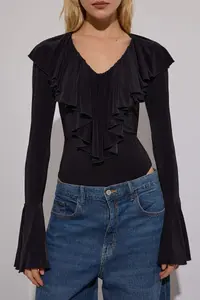 TRENDYOLMİLLA Black Plain V-neck LONG Knitting Sandy Bodysuit .D.00020 - Image 4