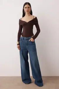 TRENDYOLMİLLA Dark Brown Carmen Collar LONG Knitting Sandy Bodysuit .D.00022