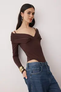 TRENDYOLMİLLA Dark Brown Carmen Collar LONG Knitting Sandy Bodysuit .D.00022 - Image 2
