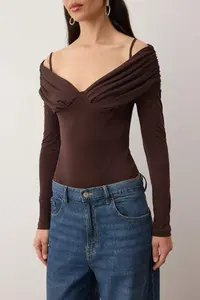 TRENDYOLMİLLA Dark Brown Carmen Collar LONG Knitting Sandy Bodysuit .D.00022 - Image 3
