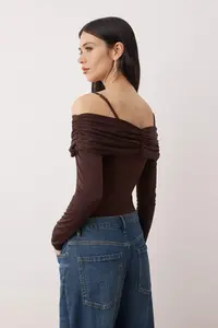 TRENDYOLMİLLA Dark Brown Carmen Collar LONG Knitting Sandy Bodysuit .D.00022 - Image 4
