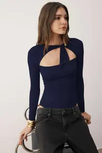 TRENDYOLMİLLA Navy Blue Plain Asymmetric Yaka LONG Knitting Sandy Bodysuit .D.00023