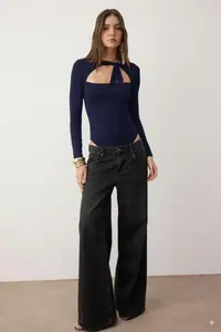 TRENDYOLMİLLA Navy Blue Plain Asymmetric Yaka LONG Knitting Sandy Bodysuit .D.00023 - Image 2