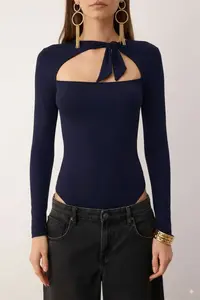 TRENDYOLMİLLA Navy Blue Plain Asymmetric Yaka LONG Knitting Sandy Bodysuit .D.00023 - Image 3