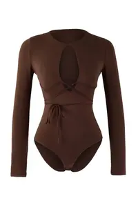 TRENDYOLMİLLA Brown Deep V-neck tied up Knitting Party Bodysuit .D.00028 - Image 5