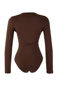 TRENDYOLMİLLA Brown Deep V-neck tied up Knitting Party Bodysuit .D.00028 - Image 6