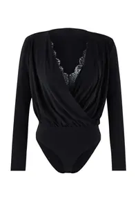 TRENDYOLMİLLA Black Draped Lace Detailed Double breasted Sandy snaps Bodysuit .D.00029
