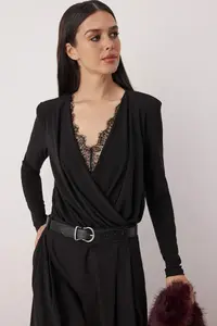 TRENDYOLMİLLA Black Draped Lace Detailed Double breasted Sandy snaps Bodysuit .D.00029 - Image 4