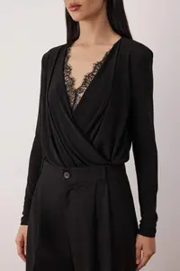 TRENDYOLMİLLA Black Draped Lace Detailed Double breasted Sandy snaps Bodysuit .D.00029 - Image 5
