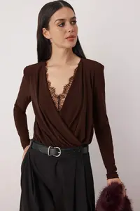TRENDYOLMİLLA Brown Plain Double breasted LONG Knitting Sandy Bodysuit .D.00029 - Image 2