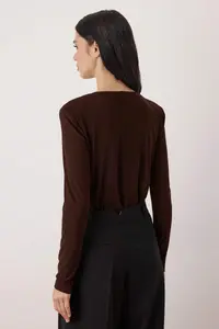 TRENDYOLMİLLA Brown Plain Double breasted LONG Knitting Sandy Bodysuit .D.00029 - Image 5