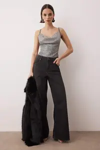 TRENDYOLMİLLA Anthracite Off-Shoulder Neck Sleeveless Knitting Sequin snaps Bodysuit .D.00030 - Image 2