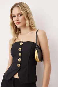TRENDYOLMİLLA Black Gold Button Detailed Strapless Weaving Party Bustier - Image 2