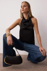 TRENDYOLMİLLA Black Satin Degaje Party Blouse