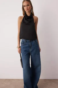 TRENDYOLMİLLA Black Satin Degaje Party Blouse - Image 2