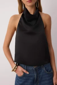 TRENDYOLMİLLA Black Satin Degaje Party Blouse - Image 3