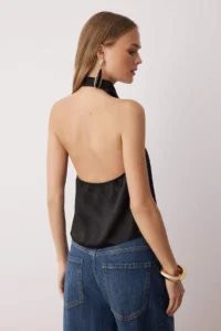 TRENDYOLMİLLA Black Satin Degaje Party Blouse - Image 4