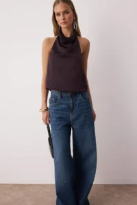 TRENDYOLMİLLA Dark Brown Satin Degaje Party Blouse