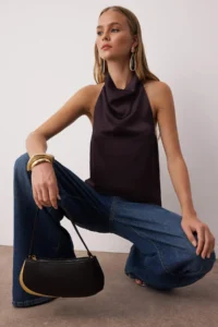 TRENDYOLMİLLA Dark Brown Satin Degaje Party Blouse - Image 2