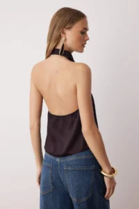 TRENDYOLMİLLA Dark Brown Satin Degaje Party Blouse - Image 4