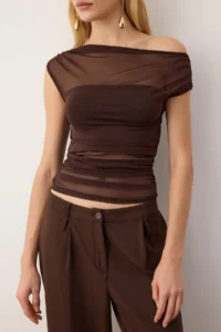 TRENDYOLMİLLA Dark Brown Lined Carmen Collar Knitting Tulle Party Blouse - Image 3