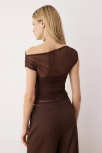 TRENDYOLMİLLA Dark Brown Lined Carmen Collar Knitting Tulle Party Blouse - Image 4