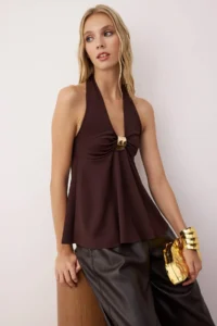 TRENDYOLMİLLA Brown Accessory Detailed Shirred Party Blouse