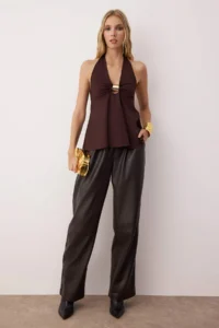 TRENDYOLMİLLA Brown Accessory Detailed Shirred Party Blouse - Image 2