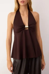 TRENDYOLMİLLA Brown Accessory Detailed Shirred Party Blouse - Image 3