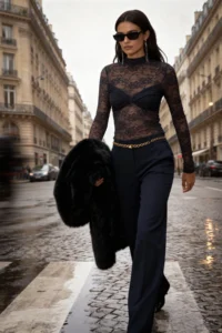 TRENDYOLMİLLA Navy Blue Dog collar Lace Party Unlined Blouse